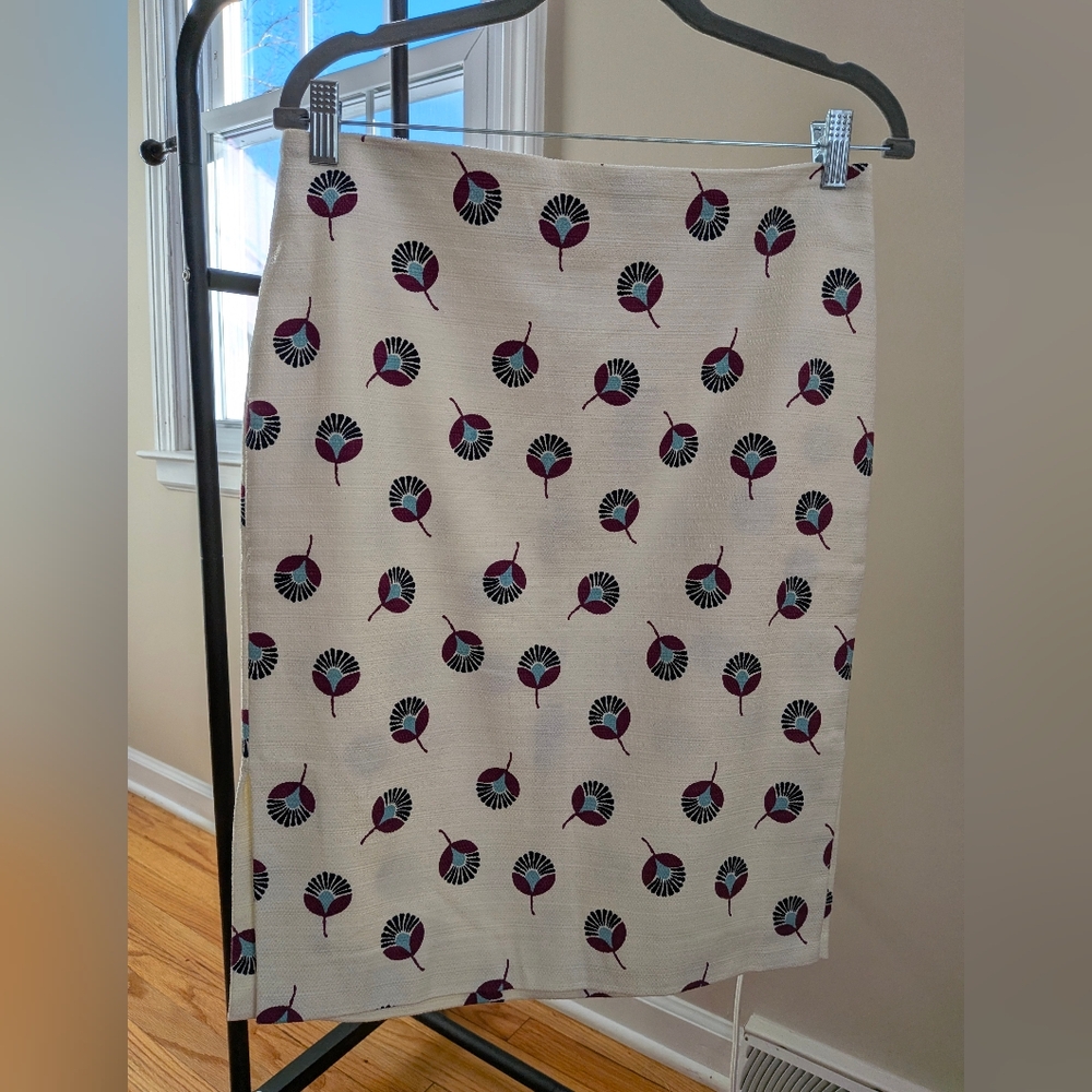 LOFT Beige Pencil Skirt with Black, Plum, and Teal Floral Pattern